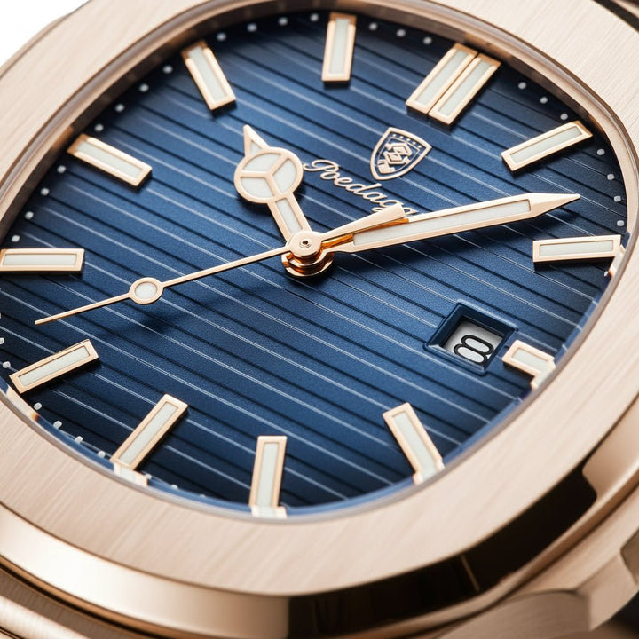 Reloj Poedagar Nautilus Rose Gold con Esfera Azul y Correa de Cuero Genuino Marrón 40mm elegante en Perú