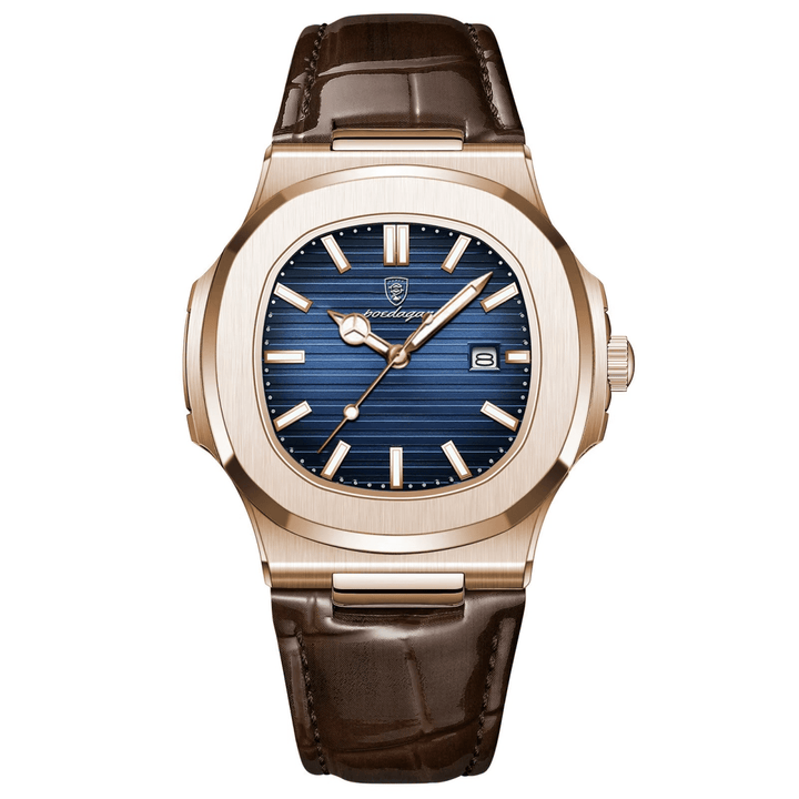 Reloj Poedagar Nautilus Rose Gold con Esfera Azul y Correa de Cuero Genuino Marrón 40mm elegante en Perú