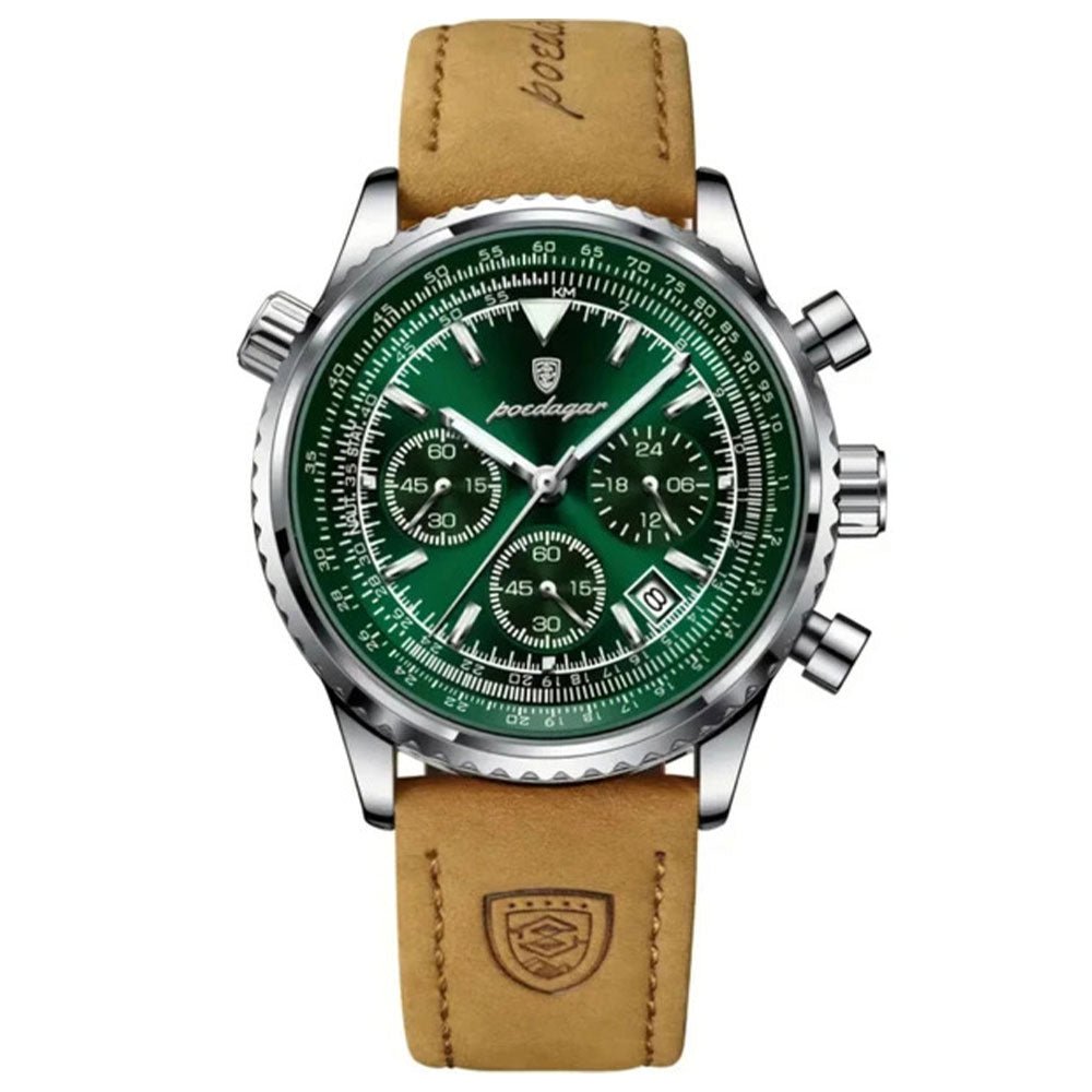 Reloj Poedagar Plata Esfera Verde Cronógrafo con Correa Cuero - Diseño Aviador 40mm elegante en Perú