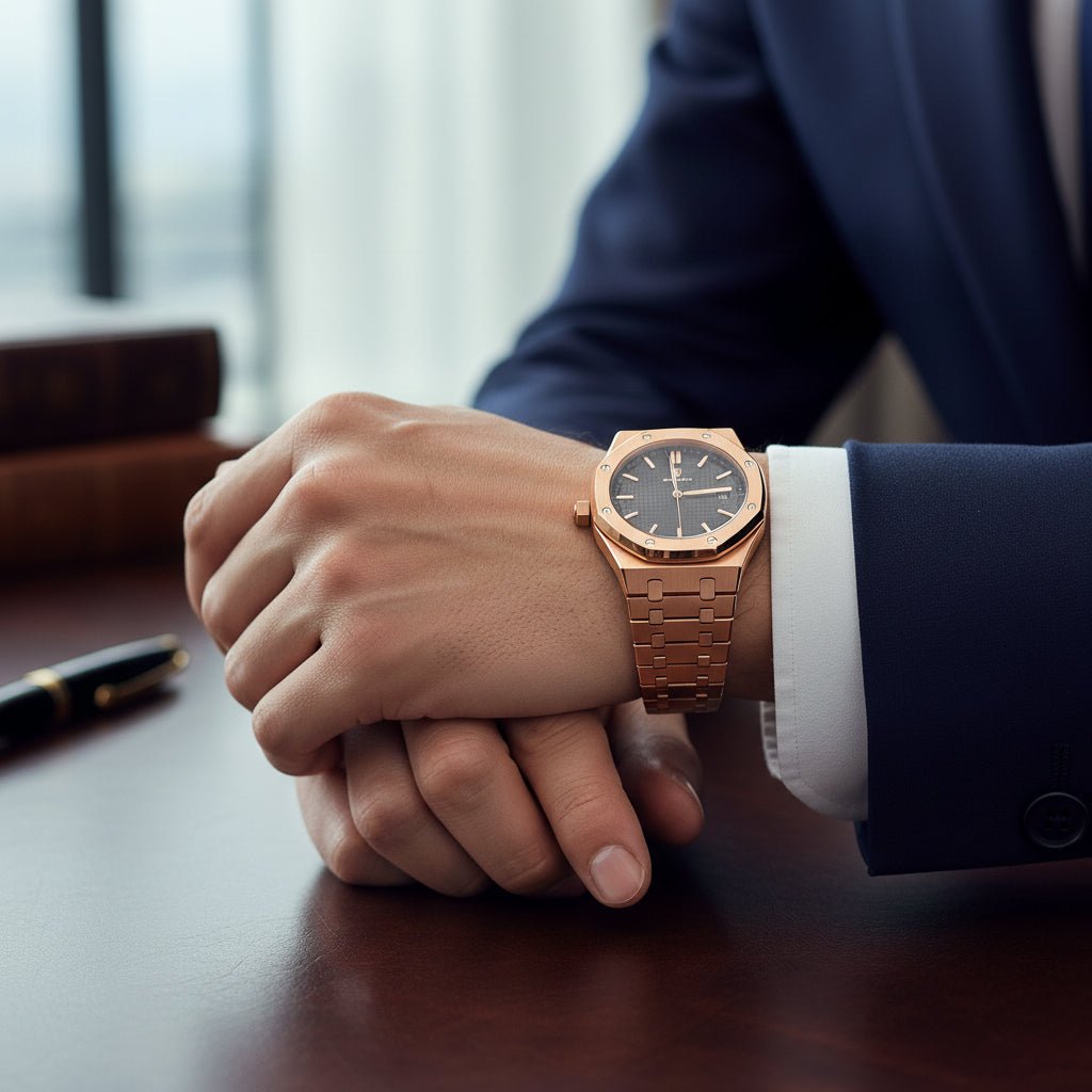 Reloj Poedagar Rose Gold Octagonal con Esfera Negra Tapisserie y Brazalete Integrado 40mm elegante en Perú