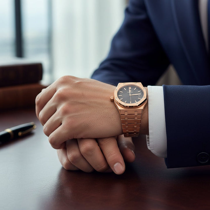 Reloj Poedagar Rose Gold Octagonal con Esfera Negra Tapisserie y Brazalete Integrado 40mm elegante en Perú