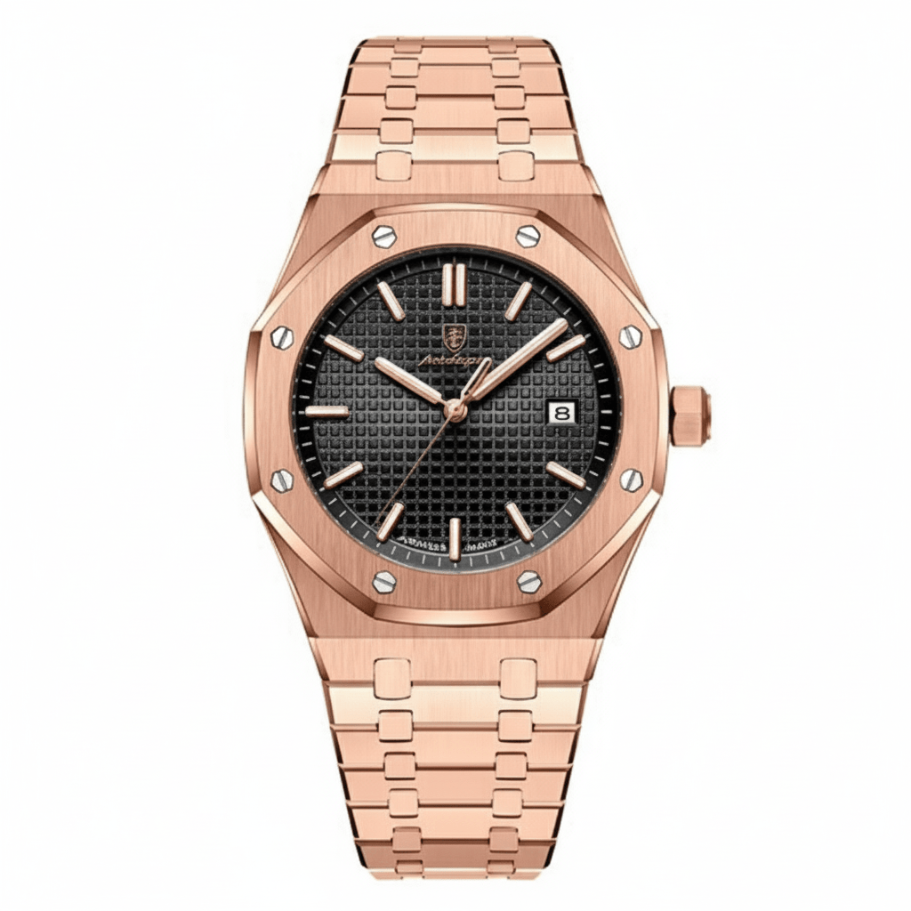 Reloj Poedagar Rose Gold Octagonal con Esfera Negra Tapisserie y Brazalete Integrado 40mm elegante en Perú