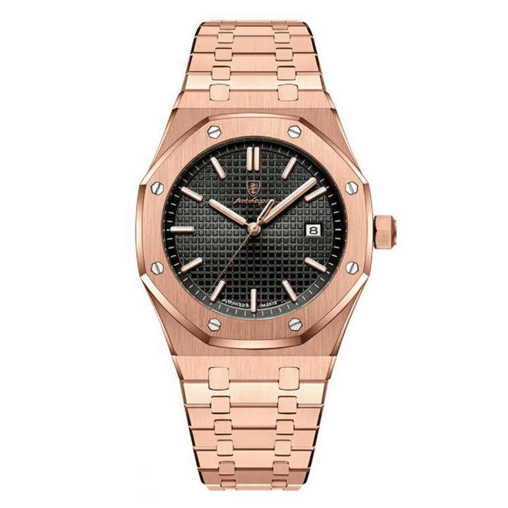 Reloj Poedagar Rose Gold Octagonal con Esfera Negra Tapisserie y Brazalete Integrado 40mm elegante en Perú