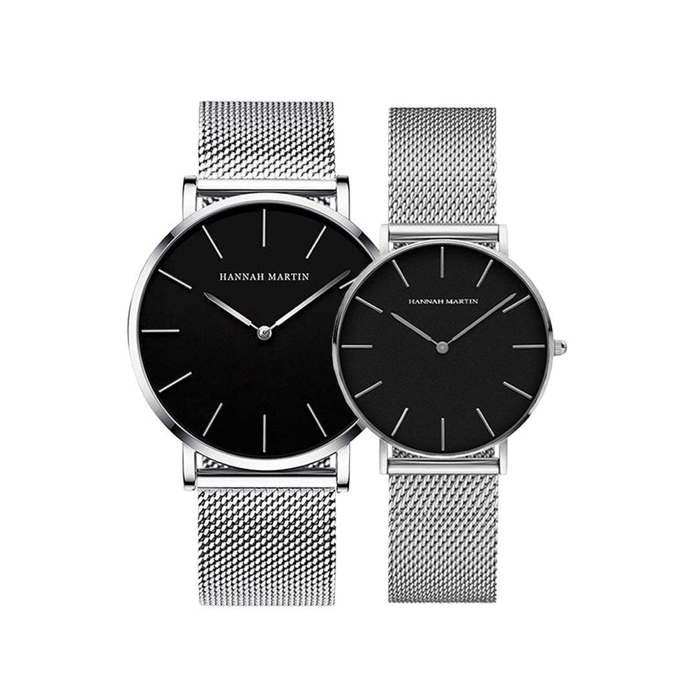 Relojes Pareja Hannah Martin Plata Esfera Negra Mesh Plateado 40mm 36mm Perú
