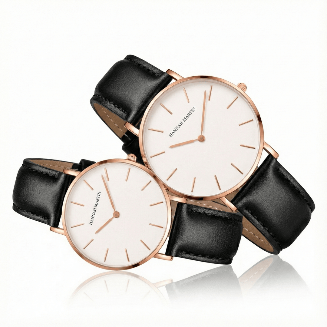 Relojes de Pareja Hannah Martin Plata Esfera Blanca con Cuero Azul - Set Coordinado 40mm/36mm elegante para pareja en Perú