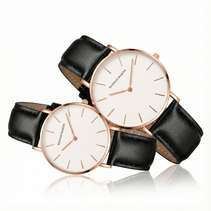 Relojes de Pareja Hannah Martin Plata Esfera Blanca con Cuero Azul - Set Coordinado 40mm/36mm elegante para pareja en Perú