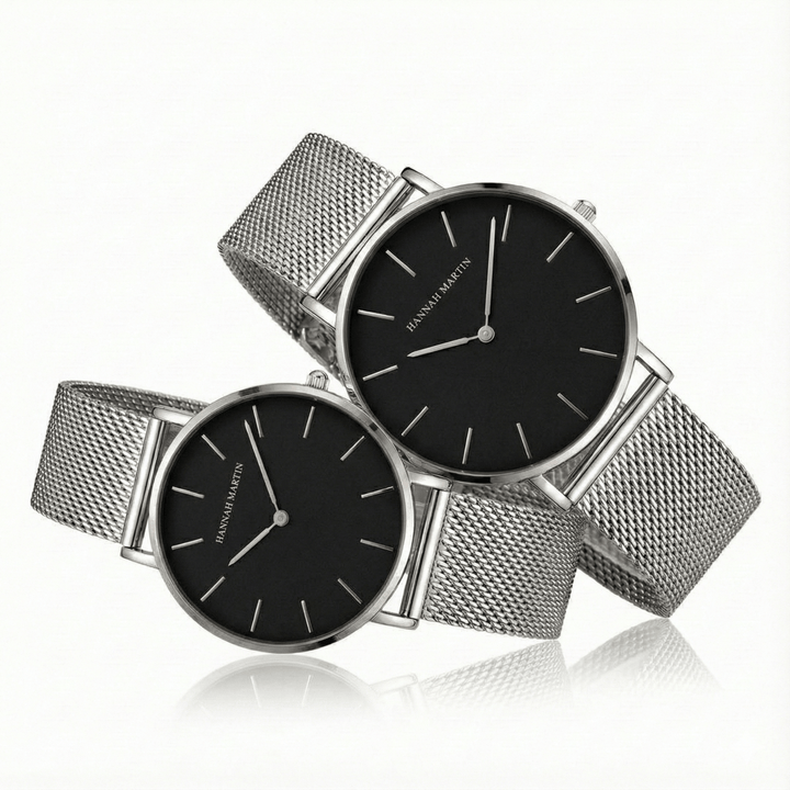 Relojes de Pareja Hannah Martin Plata Esfera Negra con Mesh Plateado - Set Coordinado 40mm/36mm elegante para pareja en Perú
