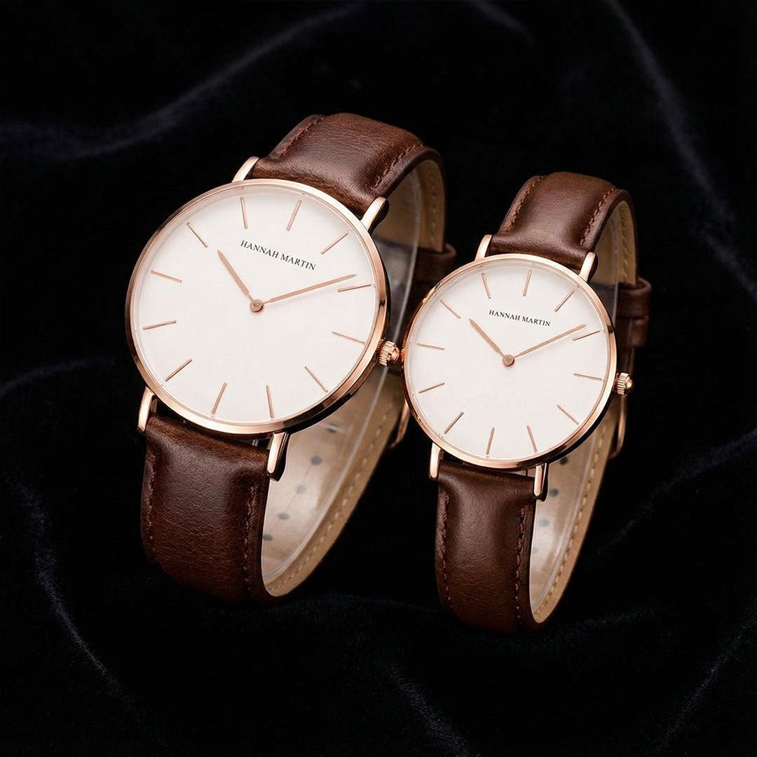Relojes de Pareja Hannah Martin Rose Gold Cuero Marrón - Conjunto Elegante 40mm/36mm elegante para pareja en Perú