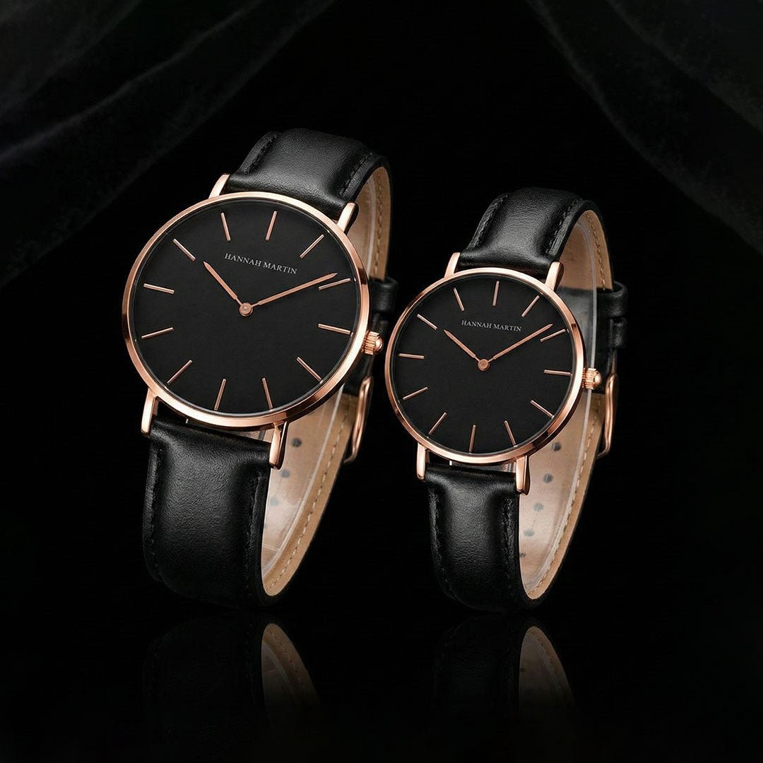 Relojes de Pareja Hannah Martin Rose Gold Esfera Negra con Cuero Negro - Set Sofisticado 40mm/36mm elegante para pareja en Perú