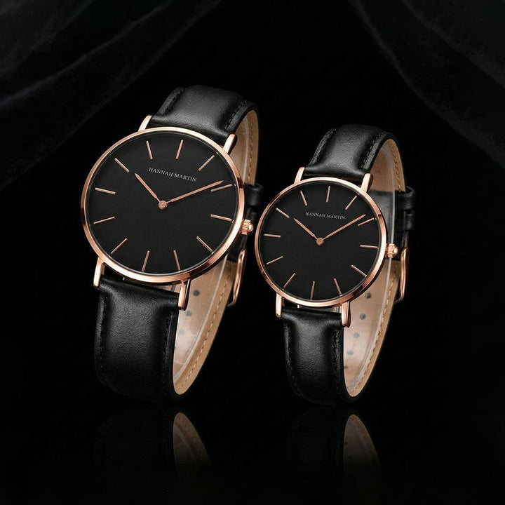 Relojes de Pareja Hannah Martin Rose Gold Esfera Negra con Cuero Negro - Set Sofisticado 40mm/36mm elegante para pareja en Perú