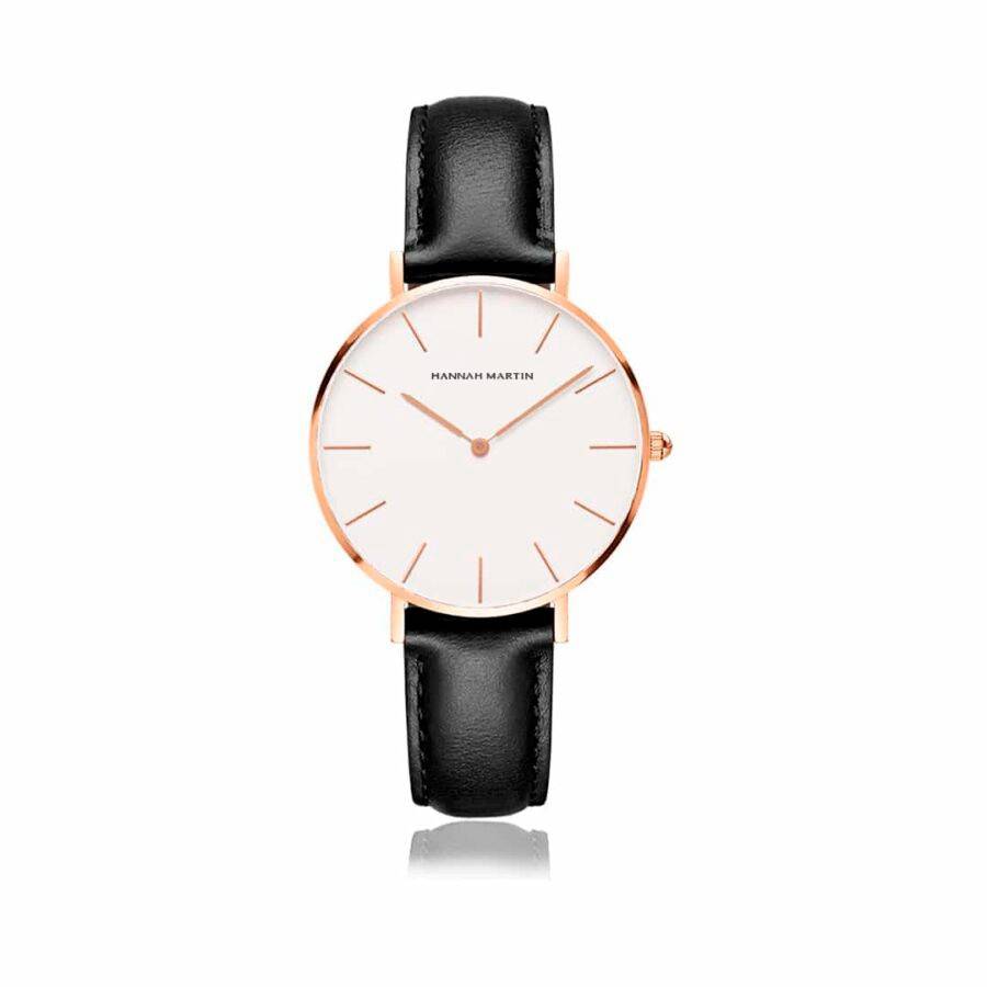 Reloj Hannah Martin para Mujer Oro Rosa Cuero Negro Esfera Blanca - Hannah Martin en Perú | Jherr Jewelry