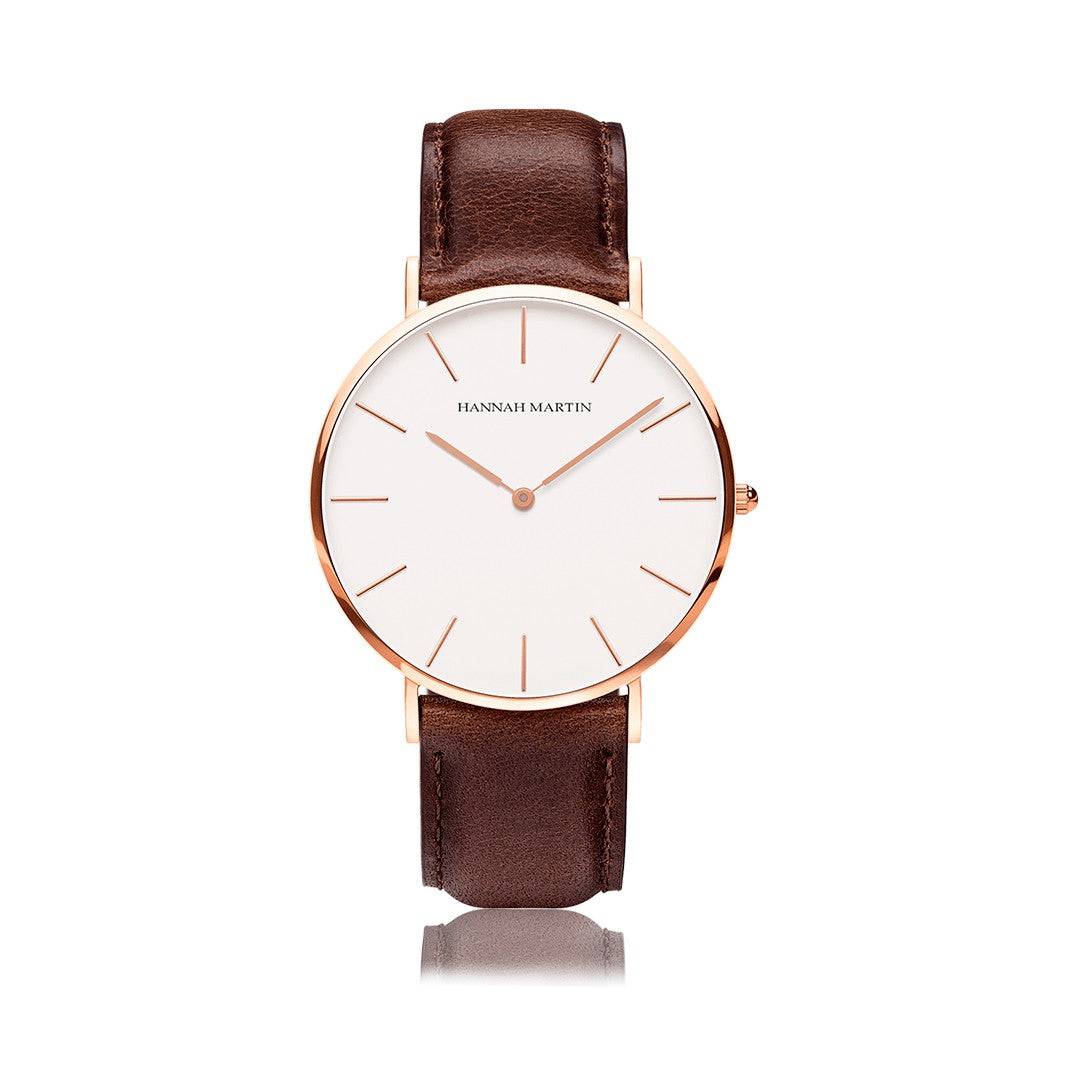 Relojes de Pareja Hannah Martin Rose Gold Cuero Marrón - Conjunto Elegante 40mm/36mm - Hannah Martin en Perú | Jherr Jewelry