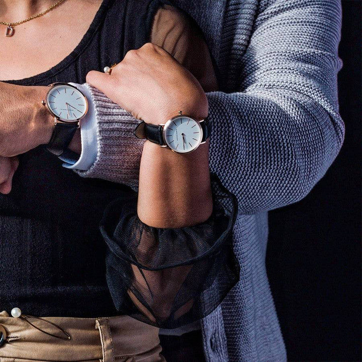 Relojes de Pareja Hannah Martin Plata Esfera Blanca con Cuero Azul - Set Coordinado 40mm/36mm - Hannah Martin en Perú | Jherr Jewelry