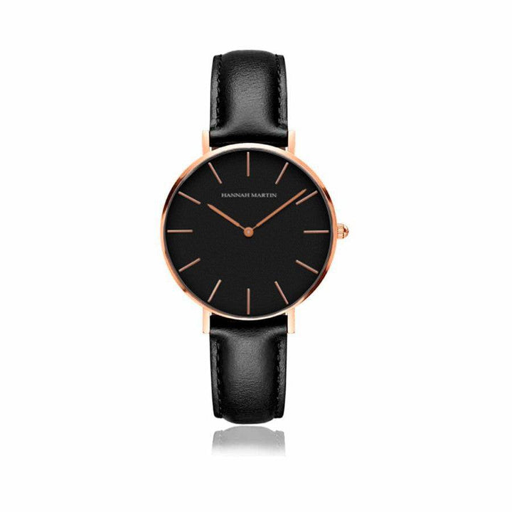 Reloj Hannah Martin mujer rosa gold esfera negra correa cuero negro disponible en Jherr Jewelry Lima Perú con envío gratis