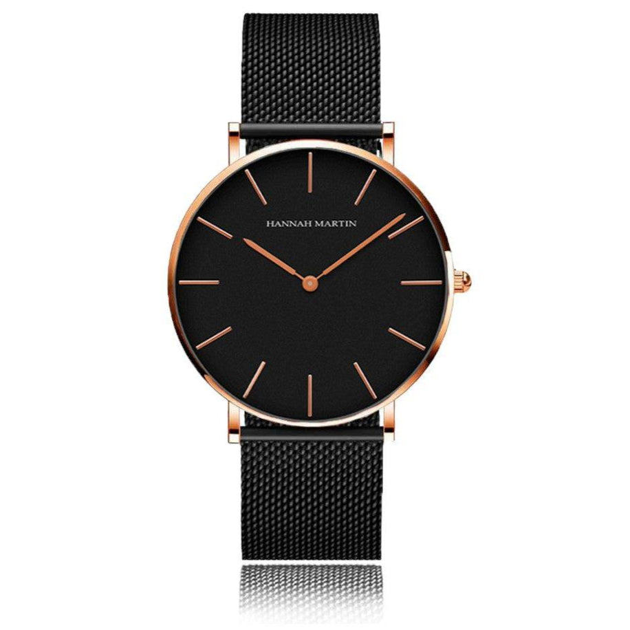 Reloj Hannah Martin oro rosa con esfera negra y correa mesh negra para hombre 40mm