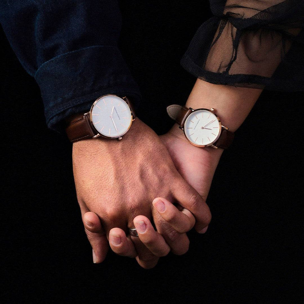 Reloj Hannah Martin Pareja Rose Gold Blanco Cuero Marrón 40mm 36mm Perú